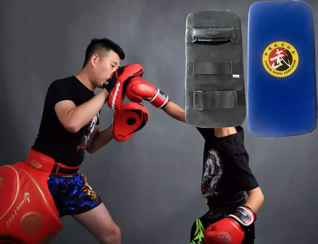 Three types of Taekwondo training targets: kick pad, focus mitts, and wall-mount pad
